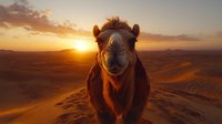 Close-up portrait of dromedary camel face at sunset in desert sand dunes, golden sunlight illuminating fur against dramatic orange sky and mountains.