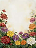 Vintage chrysanthemum flowers frame border with colorful blooms on aged paper background for autumn seasonal designs and botanical decorations.