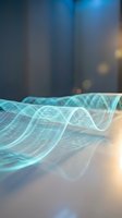 Glowing cyan digital wave with circuit patterns and binary code flows across a surface, symbolizing data transfer and futuristic technology.