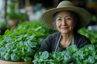 Senior Asian woman in straw hat smiling while tending to fresh lettuce plants in garden, wearing dark apron and displaying genuine joy during harvest season.