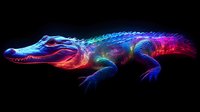 Glowing neon alligator in vibrant blue, pink and purple colors against black background, artistic digital illustration showing detailed reptilian anatomy.