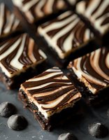 Marbled chocolate brownies with cream cheese swirls arranged on dark surface, decorated with chocolate drops. Close up view shows rich fudgy texture.