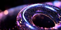 Futuristic glowing spiral with purple and blue light particles on dark background, creating abstract digital technology concept.