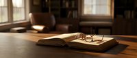Open book with eyeglasses resting on wooden table near window with warm sunlight, suitable for education, reading, and learning concepts.