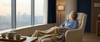 Senior woman relaxing in modern armchair by large windows with city skyline view, enjoying peaceful moment in contemporary living room interior.