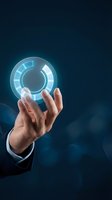 Businessman hand holding glowing digital circular interface with blue holographic display against dark background for technology and innovation concepts.