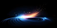 Glowing blue and orange light waves create dynamic spiral motion effect against dark background, with sparkling particles floating in space. Suitable for tech designs.