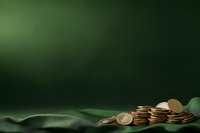 Golden coins scattered on dark green silk fabric with dramatic lighting and copy space, creating luxurious financial concept background for business presentations.