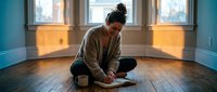 Young woman sitting cross-legged on wooden floor, writing in notebook, smiling, warm sunlight streaming through window, cozy room.