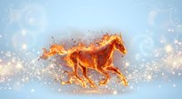 Fiery horse galloping through magical sparkles and glowing particles on light blue background for fantasy designs and creative projects.
