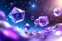 Floating crystal cubes and spheres in cosmic purple space with stars and nebula effects for futuristic digital art and sci-fi design projects.