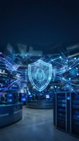 Cybersecurity shield with lock icon floating over server room with glowing network connections and data protection visualization for business technology.