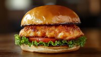 Juicy grilled chicken burger with fresh lettuce, tomato, and glossy brioche bun on wooden surface, close-up view showing texture and layers in warm lighting.