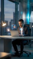 Professional businessman working on cybersecurity with holographic security icons in modern office environment during evening hours.