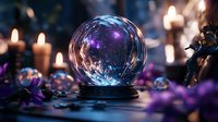 Mystical crystal ball with glowing purple lights and burning candles on dark table, magical fortune telling sphere with ethereal cosmic effects.
