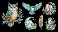 Owl perched on branch with teal and gold plumage, surrounded by botanical elements. Isolated on transparent background, ready for t-shirts, clipart, stickers, sublimation, and print-on-demand designs.