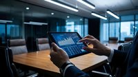 Businessman analyzing financial data and charts on digital tablet in modern conference room for strategic business planning and investment decisions.
