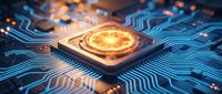 Glowing cryptocurrency coin on computer processor chip with circuit board patterns and blue orange lighting effects for blockchain technology concepts.