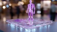 Futuristic holographic human anatomy projection on transparent platform with purple neon lighting in modern medical or technology environment for healthcare innovation.