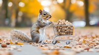 Adorable gray squirrel with fluffy tail pushing miniature shopping cart filled with nuts in autumn park setting with golden bokeh background and fallen leaves.