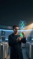 Middle-aged Caucasian male scientist in lab coat examining green test tube with holographic DNA helix projection in futuristic laboratory setting.