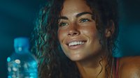 Young mixed-race woman with curly hair smiling joyfully in warm evening light with bokeh background for lifestyle and wellness campaigns.