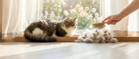 Tabby cat being groomed with brush by owner on sunny windowsill, pet care and bonding moment with natural light streaming through window.
