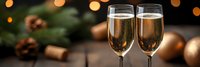 Two elegant champagne flutes filled with golden sparkling wine against festive holiday background with warm bokeh lights and Christmas decorations.