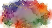 Watercolor gradient background with ornate golden decorative border frame featuring floral motifs in vibrant purple orange green hues for elegant design projects.