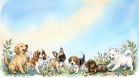 Adorable watercolor puppies of different breeds sitting in a row with botanical elements, featuring golden retriever, beagle, french bulldog and others.