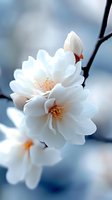 Delicate white cherry blossoms with golden stamens against soft blue background, perfect for spring themes, wedding invitations, and wellness concepts.