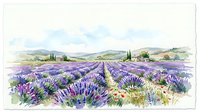 Watercolor lavender field landscape with farmhouse, rolling hills, and blooming flowers under a soft sky, painted in gentle purple and green tones.