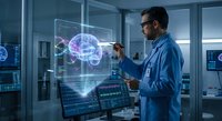 Male scientist analyzing holographic brain model in futuristic medical laboratory with advanced technology displays for neuroscience research applications.