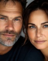 Close-up portrait of mature Caucasian couple with striking blue eyes, man with salt and pepper beard and woman with dark hair, both smiling warmly against neutral background.