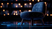 Modern velvet armchair with starry pattern illuminated by soft blue light and bokeh background, creating magical atmosphere for interior design and furniture concepts.