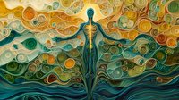 Ethereal silhouette with glowing skeleton rises against swirling abstract background in teal, orange and gold tones, arms outstretched in spiritual awakening pose.