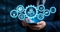 Business professional using smartphone with glowing NPS customer satisfaction rating system and feedback management icons for service quality analysis.