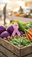 Pink awareness ribbon with fresh organic vegetables in wooden crate at farmers market promoting healthy nutrition and cancer prevention lifestyle.