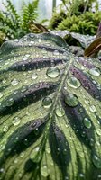 Fresh raindrops on vibrant green hosta leaves in garden setting with ferns creating natural botanical background for wellness and nature concepts.