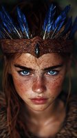 Young woman with freckles wearing tribal leather headpiece adorned with vibrant blue feathers. Intense blue eyes and natural makeup create mystical warrior aesthetic.