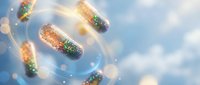 Glowing capsules with green herbs and golden particles swirl against a soft blue sky with clouds, representing wellness, nutrition, and supplement benefits for healthcare and medical applications.