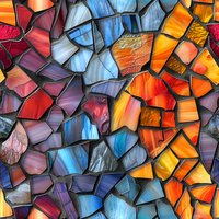 Colorful stained glass mosaic pattern in red, blue, orange and purple hues with dark grout lines creates abstract geometric design. Seamless repeat for backgrounds.