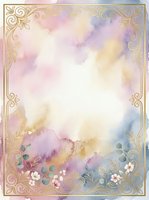 Watercolor background with ornate gold filigree border and delicate floral elements, featuring soft pastel washes in pink, purple, yellow and blue tones. Isolated design ready for invitations, cards and stationery projects.