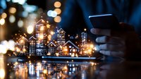 Blurred city lights and skyscrapers reflected in water surface with person holding smartphone, creating dreamy urban nightscape with bokeh effect.