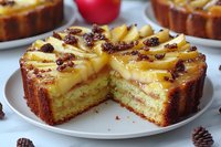 Homemade upside-down pineapple cake with caramelized fruit and cranberries on white plate, freshly baked dessert with golden crust and moist texture.