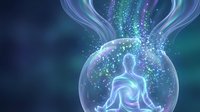 Glowing human silhouette meditating inside energy sphere with cosmic light streams and sparkling particles on dark blue background.