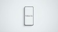 Modern smartphone with Follow Us text on screen, placed on light gray background, perfect for social media marketing campaigns.