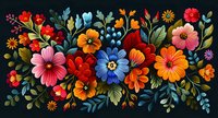 Vibrant folk art floral composition with pink, orange, red and blue wildflowers against dark background, decorative botanical arrangement with green leaves.