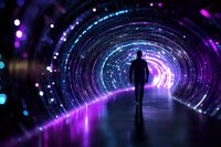 Silhouette of person walking through illuminated tunnel with spiral light effects in purple and blue colors creating futuristic atmosphere for technology concepts.