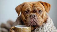 Adorable brown mastiff puppy wearing cozy knit scarf with polka dot coffee mug, perfect for pet care advertising and winter comfort campaigns.